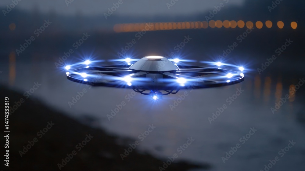 Poster floating drone camera illuminated by led lights hovering over a river at dusk
