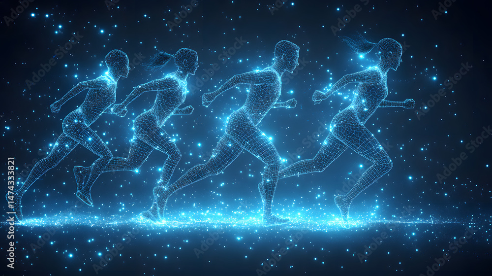 Poster Futuristic runners illuminated in a cosmic expanse. Wireframe figures sprint across a stardust path. Dynamic, ethereal scene, perfect for tech or innovation themes. Abstract wireframe in dark blue