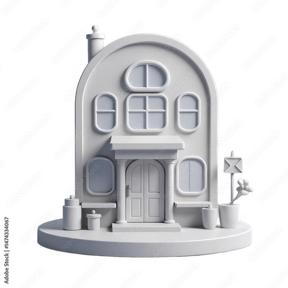 Poster 白い背景に白を基調とした家の3dレンダリングされたミニマリスト建築の家のデザインと抽象的なスタイルの幾何学的形状