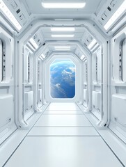 Obraz premium Futuristic spaceship interior with Earth view perspective shot of a clean white hallway in a space station with view of planet