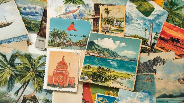 A collection of vintage postcards, stamps, and travel souvenirs