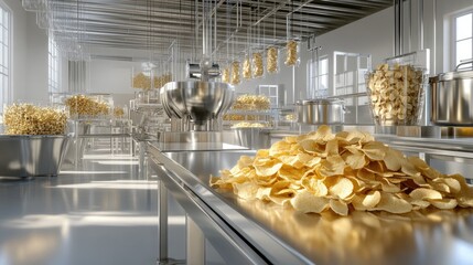 Advanced food processing line with golden potato chips on metallic belts, clean setting