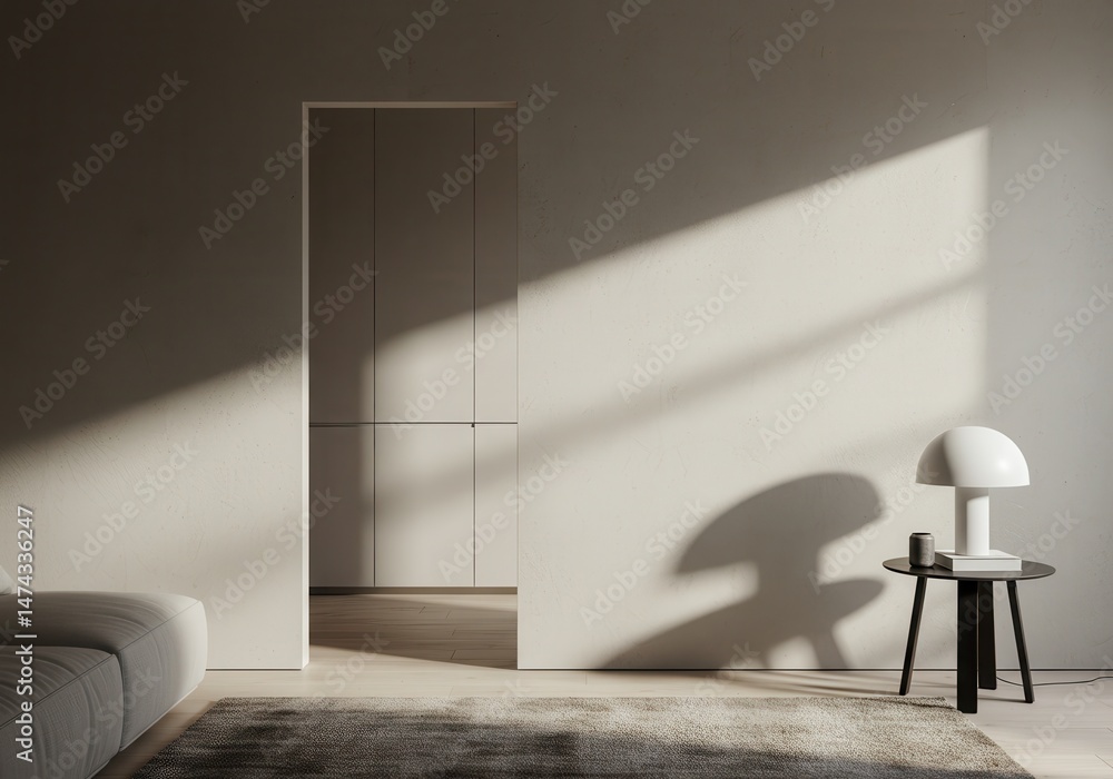 Poster sunlight streaming into a minimalist room with a lamp on a side table and a glimpse of a wardrobe
