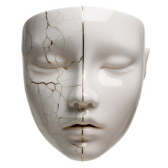 Porcelain face cracked with golden kintsugi lines