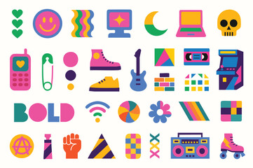 Punk‑grunge collection of sneakers, guitars, arcades and anarchy symbols bursting with neon rebellion.