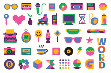 90s pop culture icons and gadgets in vibrant vector style.