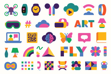 Drones, VR headsets, wearables and rainbow clouds&mdash;friendly tech icons for apps, infographics and startups.