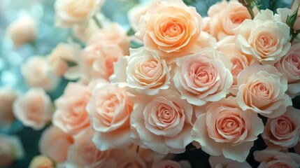 Obraz premium Close-up of vibrant peach roses in full bloom, showcasing intricate details and texture. Elegant composition with blurred background.