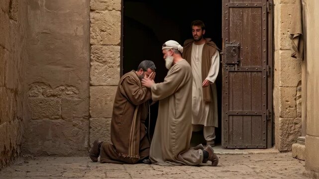 Man kneeling before elderly father in biblical scene. Prodigal son returns home. Concept of forgiveness and reunion for greeting card and religious theme	
