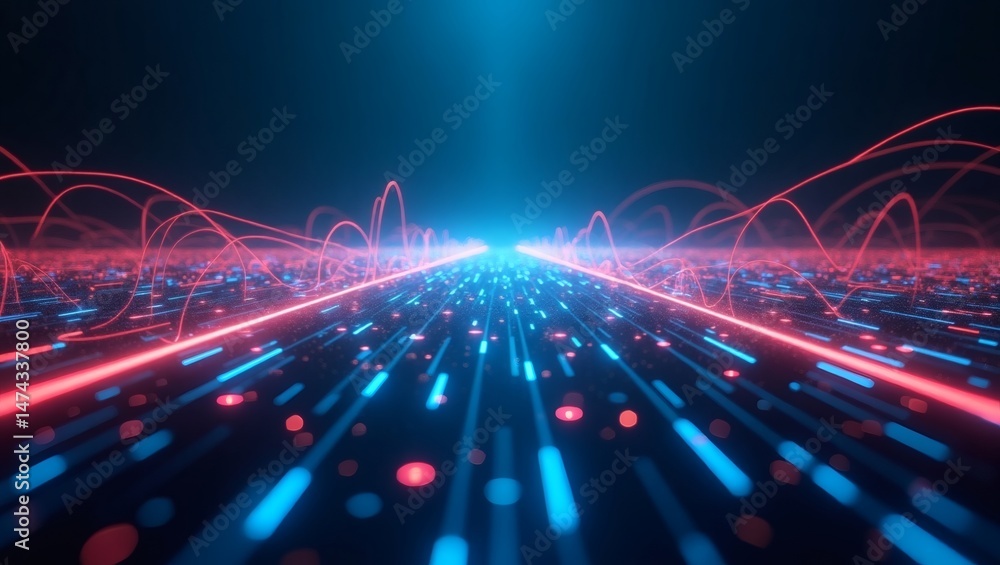 Poster a vibrant abstract digital landscape depicting data flow and network connections. the image evokes t