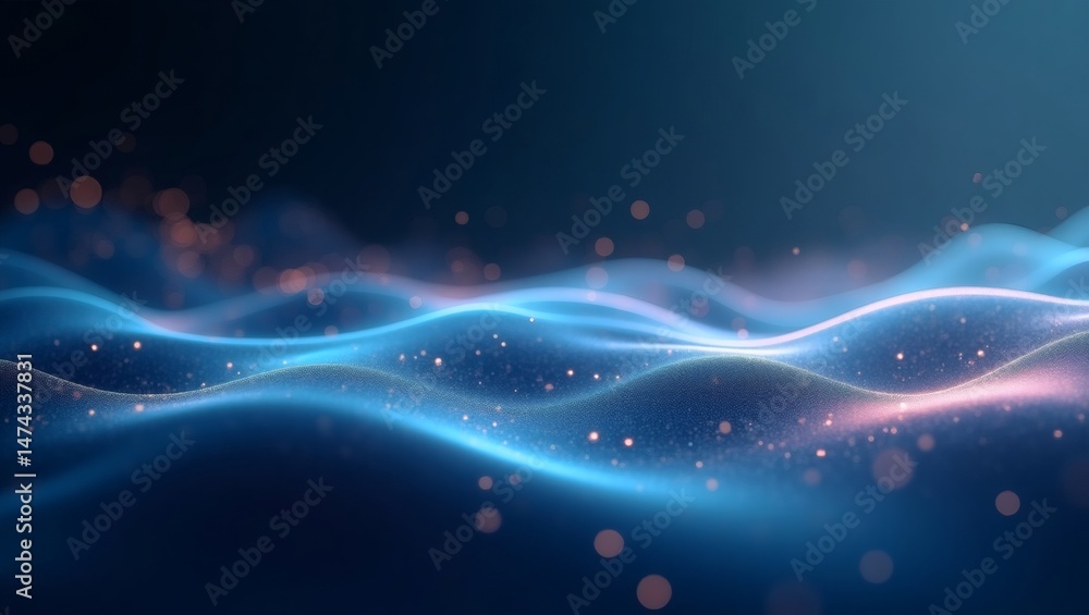 Poster Abstract blue waves with glittering particles, representing energy and data flow. The image conveys a sense of movement, innovation, and technological advancement.