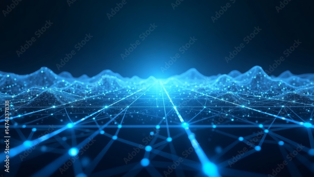 Poster abstract digital landscape with interconnected lines and luminous dots, evoking a sense of modern te