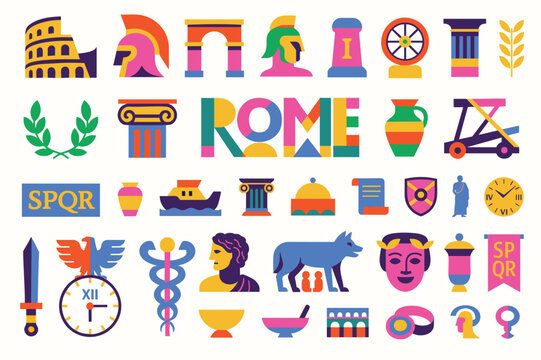 Colosseum arches, SPQR banners and laurel wreaths&mdash;classical history reimagined in punchy contemporary color.