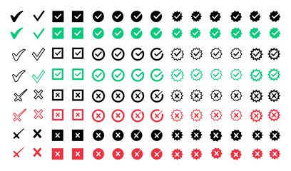Right or wrong icons. Green tick and red cross checkmarks. Yes or no symbol, approved or rejected icon for user interface. Tick, cross signs. checkmark OK red X.