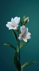 Fototapeta premium Delicate white alstroemeria flowers bloom gracefully against a calming teal backdrop, their petals softly illuminated, creating a serene and elegant floral composition.