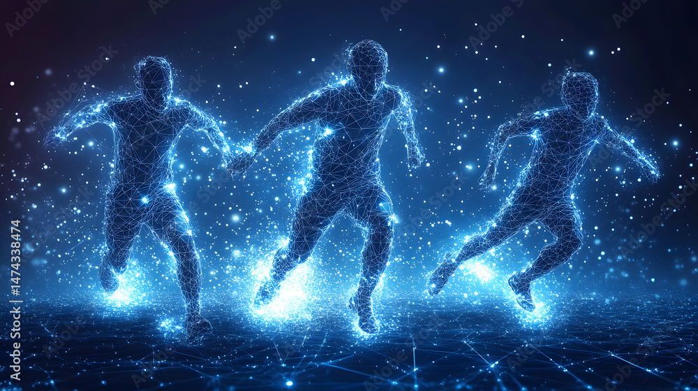 Poster Dynamic abstract figures rendered as glowing blue wireframes sprint across a digital landscape. Interconnected lines and dots create energy and motion. Abstract wireframe in dark blue.