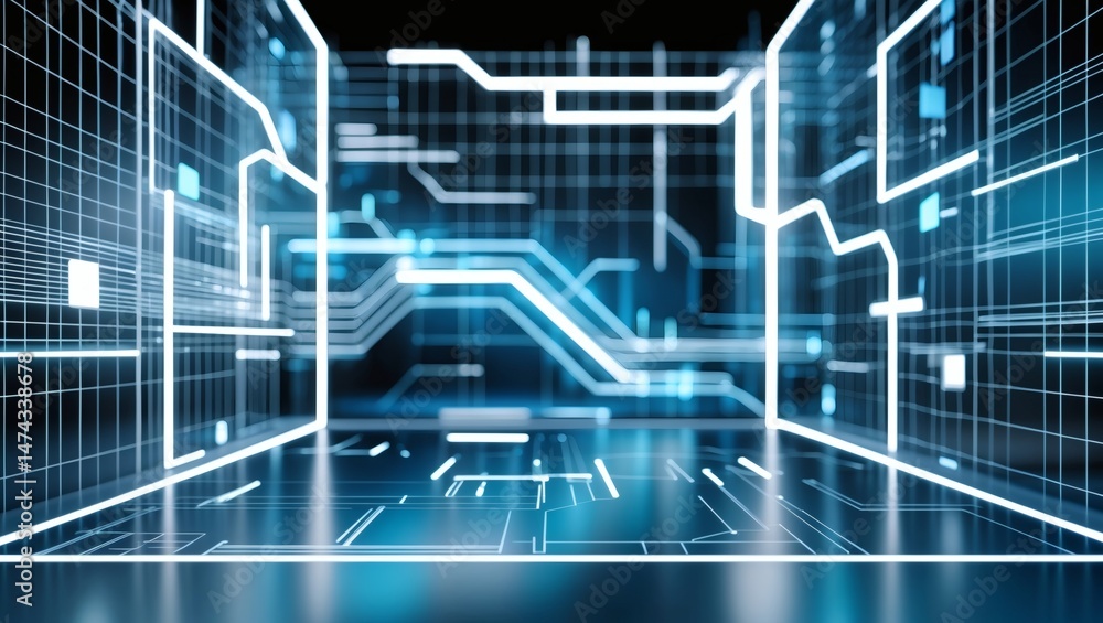 Poster abstract digital space, glowing lines and grids, futuristic technology background