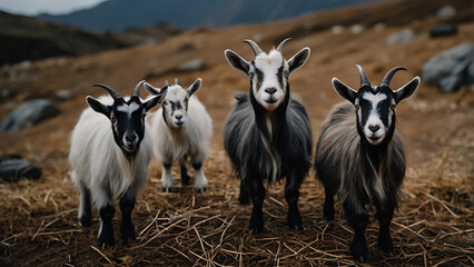 Four adorable goats standing in a field looking directly at the camera with interest