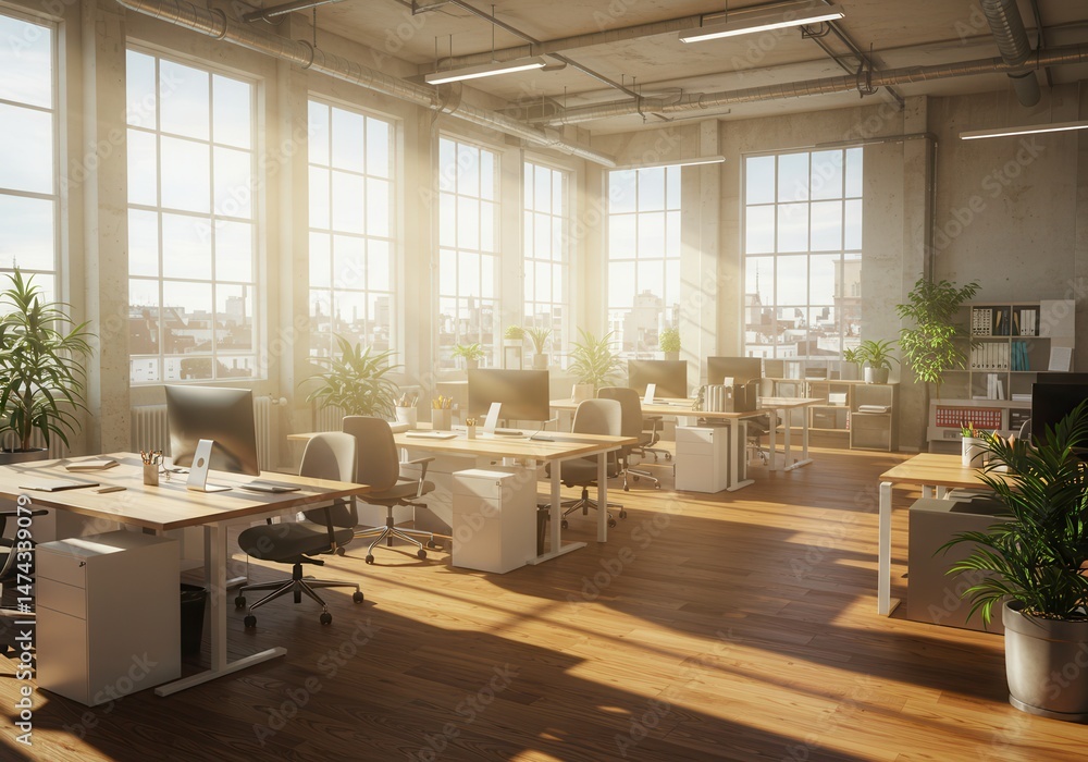 Poster sunlight streams through large windows into a modern, spacious office with desks and plants creating