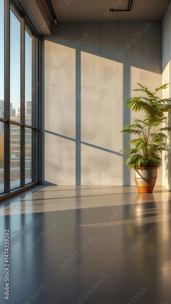 Poster 明るい室内空間における鉢植えの植物と窓から差し込む光の影と反射のあるミニマルなデザイン