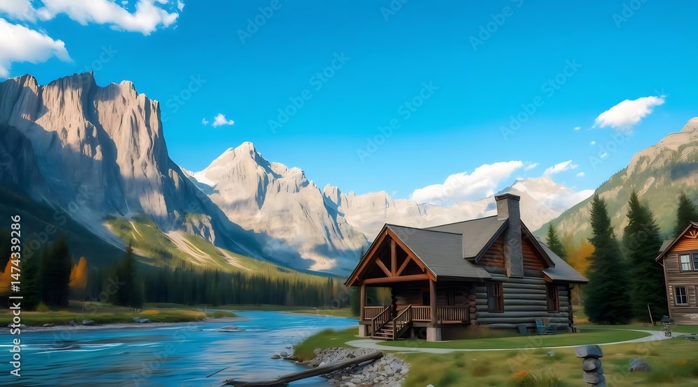 Aufkleber 青空の下の山のふもとに佇む丸太小屋 川と緑豊かな自然風景 丸太造りの家の外観 澄んだ青い空が広がる 静かで平和な山の景色