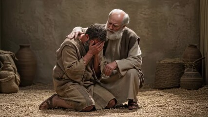 Man kneeling before elderly father in biblical scene. Prodigal son returns home. Concept of forgiveness and reunion for greeting card and religious theme	 - Powered by Adobe