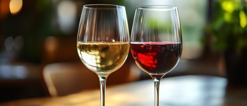 Two wine glasses contrasting white and red wine under soft lighting, creating an intimate and sophisticated dining ambiance.