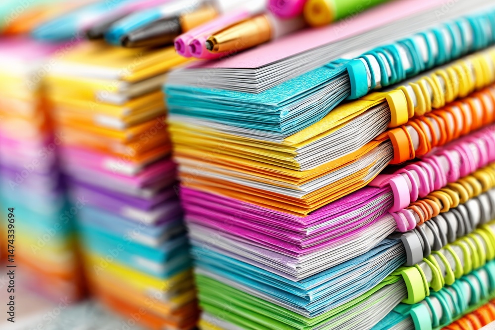Aufkleber colorful stationery arranged neatly in a stack showcases vibrant notebooks and pens in a creative wo