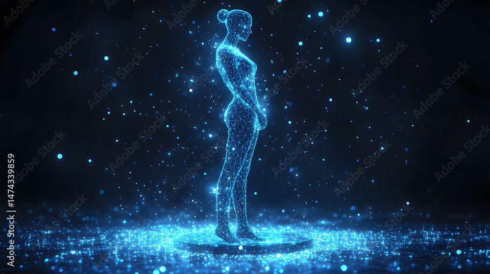 Poster futuristic wireframe woman stands on a glowing platform amidst digital particles. a captivating imag