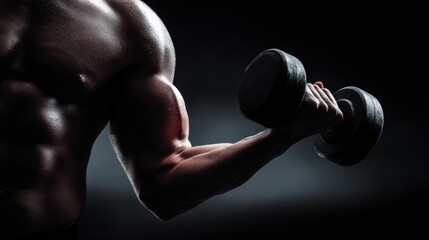 Strong Flexed Arm Holding Dumbbell in Spotlight Showcasing Muscle Definition in Gym Environment
