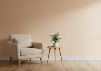 Beige armchair and small table with plant in a bright, minimalist room with wooden floors and a neutral wall color