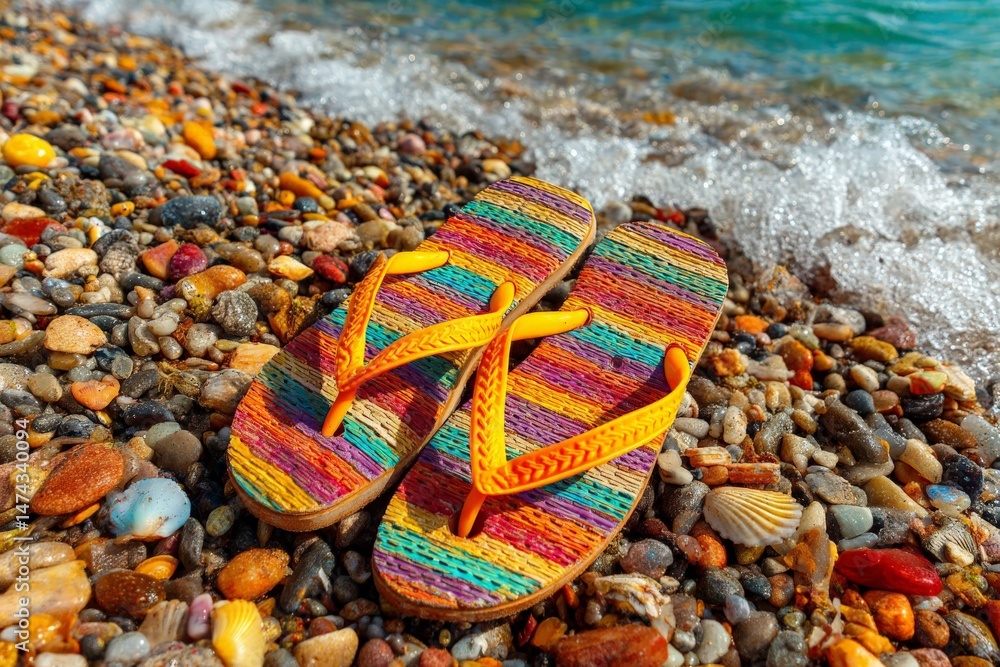 Poster brightly colored flip flops resting on a pebble beach near gentle ocean waves on a sunny day
