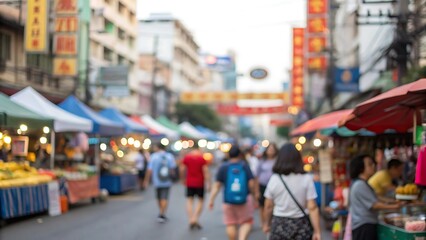Fototapeta premium Vibrant street market action city center photography blurred background people in motion