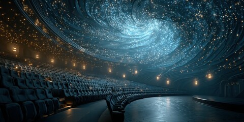Modern auditorium with a starry ceiling design creates an immersive experience for audience members attending a performance at night