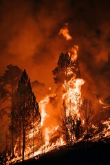 Fototapeta premium Raging Inferno: A terrifying scene of a raging forest fire, flames engulfing trees, with smoke billowing ominously against the twilight sky.