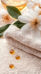 Spa setting with soft towel, delicate white blossoms, and amber oil droplets