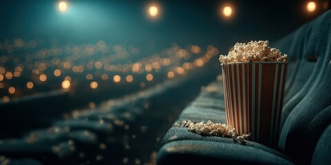 Empty cinema seats with a bucket of popcorn in a dimly lit movie theater setting