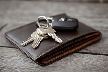 Leather Wallet and Keys including Remote Car Key on Rustic Wooden Surface for Personal Finance and Security