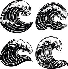 Obraz premium Minimalist black and white wave pattern, Japanese woodblock style, stylized ocean flow design, vector illustration, abstract aquatic motion, high contrast, smooth flowing lines, tattoo-style waves, cl