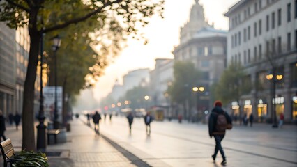 Obraz premium Blurry background of a tranquil morning stroll in the urban city center lifestyle