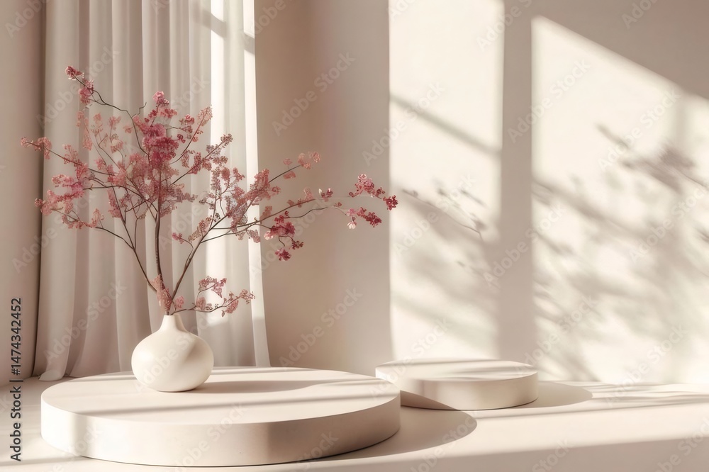 Poster ミニマルな花の配置 白い花瓶に入ったピンク色の花と白い背景にある円形のプラットフォームと円柱の背景 光と影の相互作用