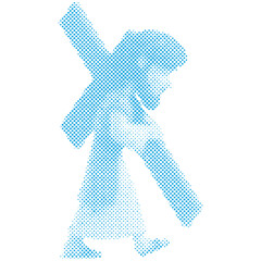 A cartoon man acting as Jesus Christ carrying the cross in halftone retro modern