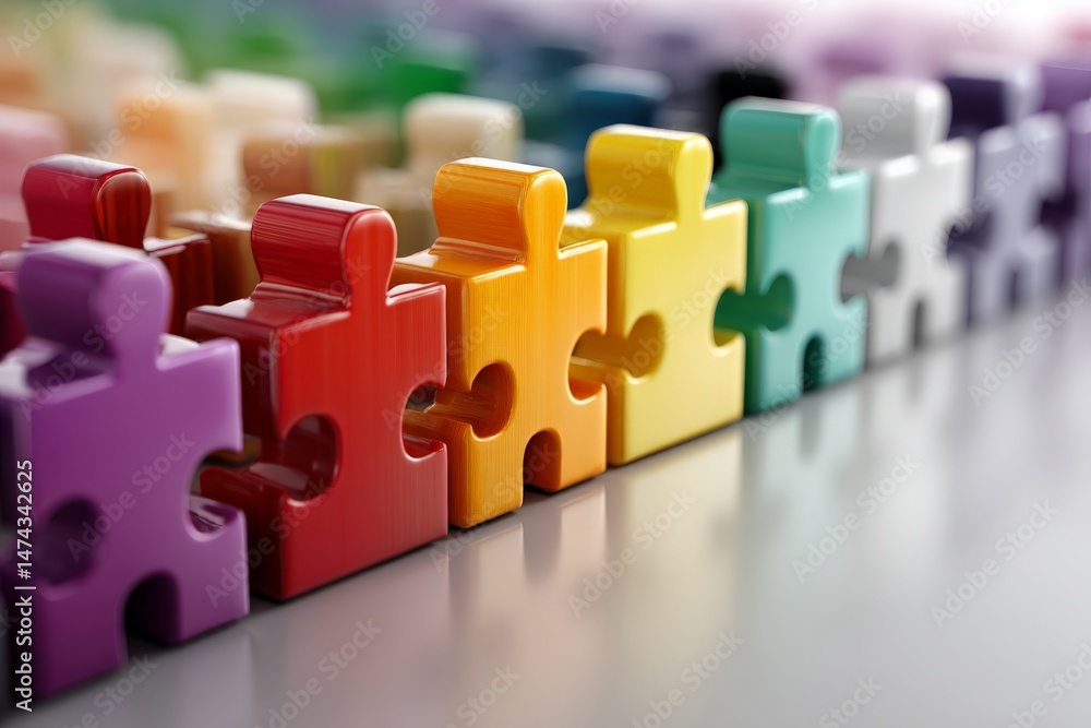 Poster colorful puzzle pieces arranged in a neat line on a smooth surface showcasing creativity and playful