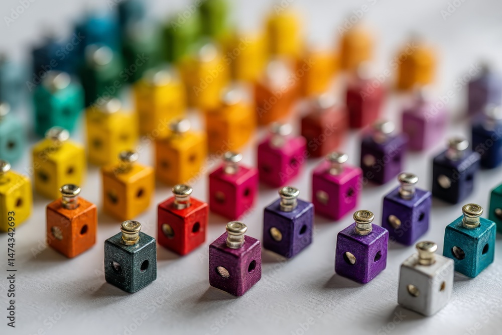 Poster Colorful collection of tiny wooden blocks arranged by color on a white surface in an artistic display during daylight