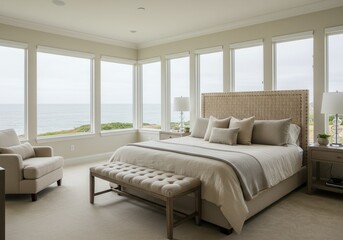 Bright bedroom with ocean view featuring a large bed, bench, armchair, and multiple windows letting in natural light