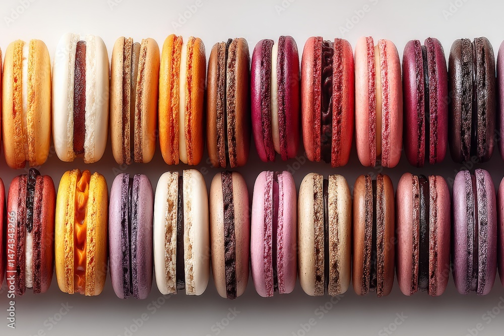 Poster colorful assortment of macarons lined up on a surface showcasing their varied flavors and textures