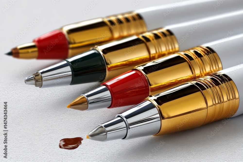 Poster Colorful writing instruments arranged neatly on a white surface with vibrant ink colors visible