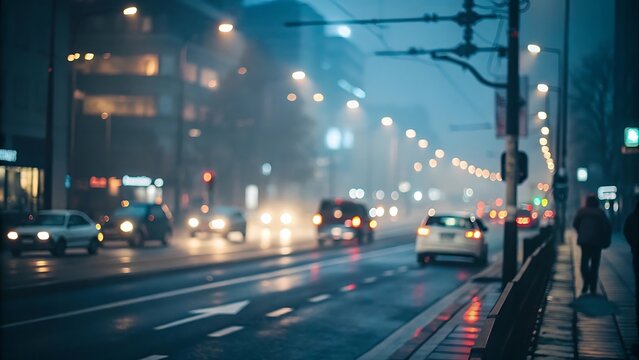 Rainy city streets at night cars passing with blur background urban environment defocused view