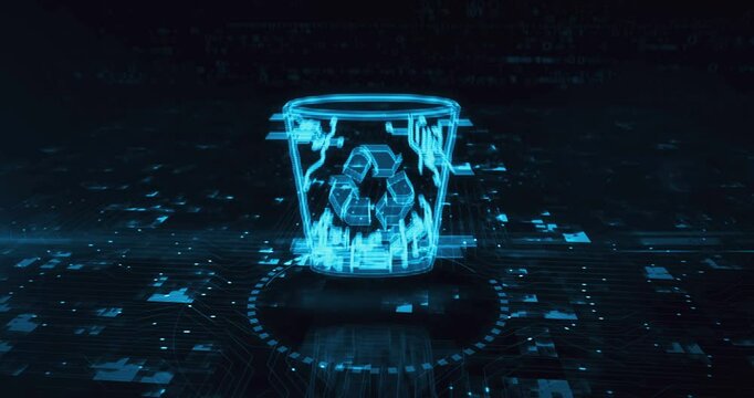 Trash waste management and delete bin hologram symbol appears on a digital background. Network, cyber technology and computer abstract concept 3d animation.