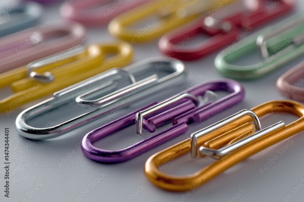 Poster colorful paperclips arranged neatly on a white surface in a bright and organized workspace